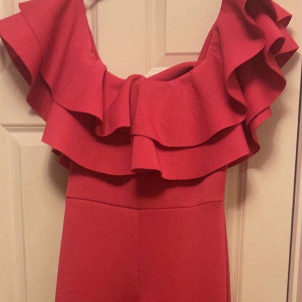 Wide Leg Ruffle Off The Shoulder Scuba Jumpsuit